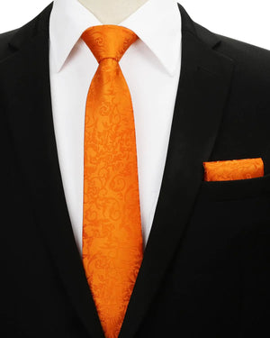 Men Floral Ties Woven Classic 3.4" NeckTie Set Formal Tie Pocket Square for Wedding with Handkerchief Orange Floral-12