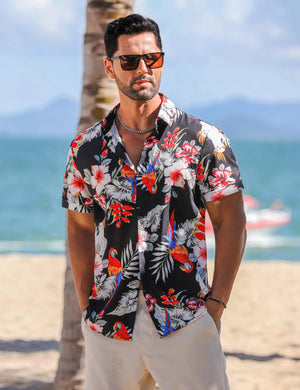 Men's Linen Shirts Short Sleeve Casual Button Down Shirt for Men Summer Beach Vacation Shirt XX-Large Black Flower Parrot