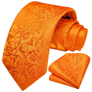 Men Floral Ties Woven Classic 3.4" NeckTie Set Formal Tie Pocket Square for Wedding with Handkerchief Orange Floral-12