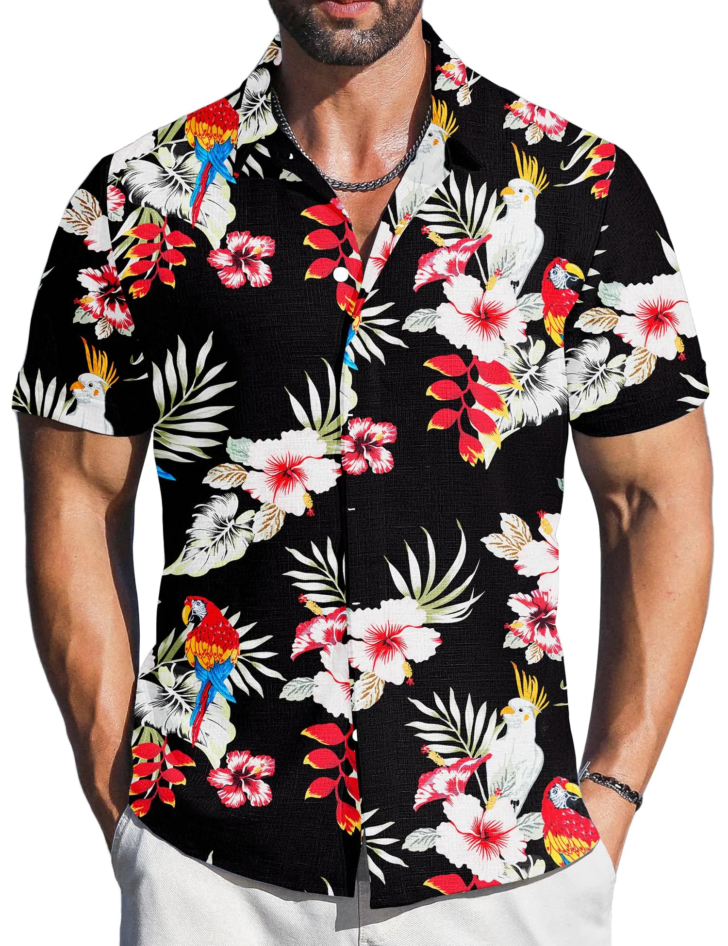 Men's Linen Shirts Short Sleeve Casual Button Down Shirt for Men Summer Beach Vacation Shirt XX-Large Black Flower Parrot