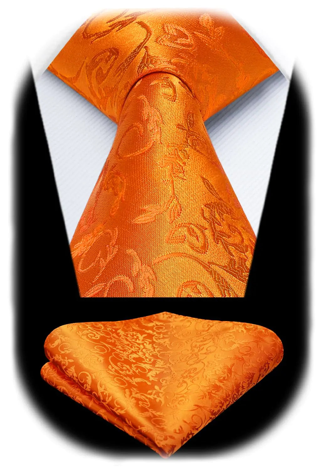 Men Floral Ties Woven Classic 3.4" NeckTie Set Formal Tie Pocket Square for Wedding with Handkerchief Orange Floral-12