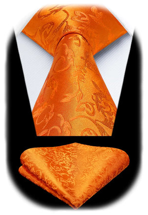 Men Floral Ties Woven Classic 3.4" NeckTie Set Formal Tie Pocket Square for Wedding with Handkerchief Orange Floral-12