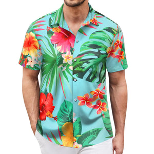 Hawaiian Shirt for Men Sleeves Printed Casual Button Down Summer Beach Dress Shirts Green Flower 4X-Large