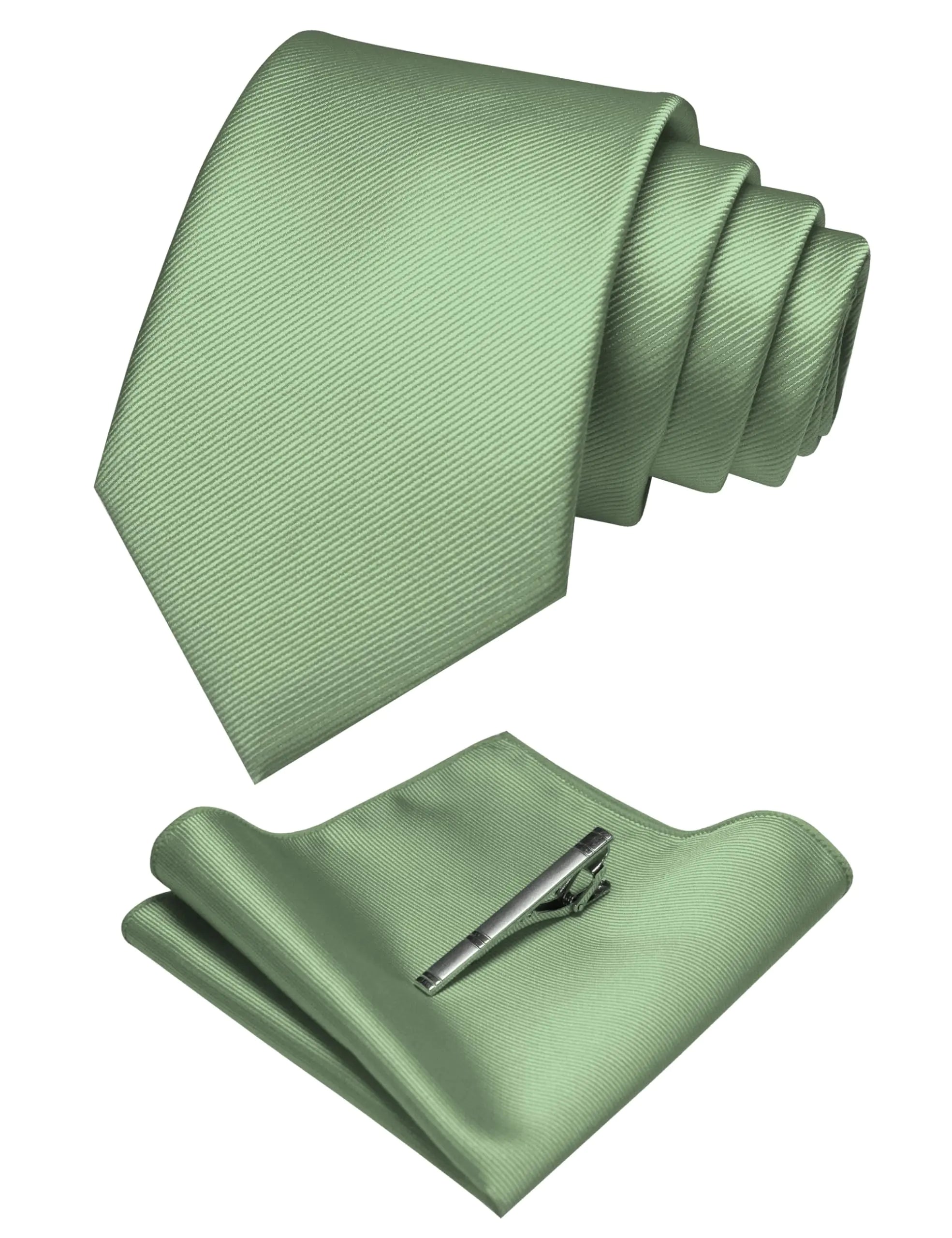 JEMYGINS Solid Color Formal Necktie and Pocket Square Tie Clip Sets for Men Sage Green2